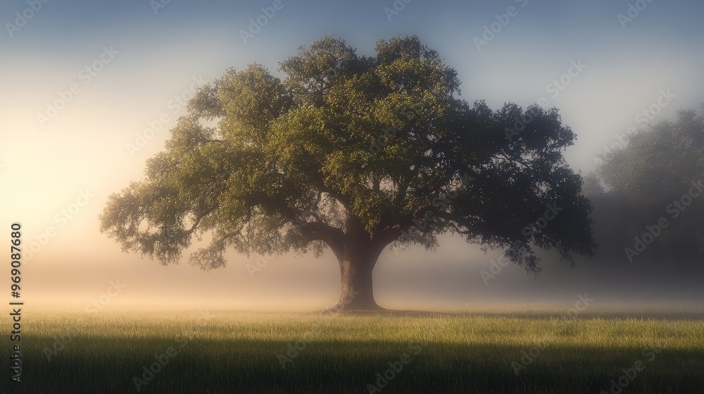 Fototapeta premium A tranquil scene of a large, old oak tree in a misty morning meadow. The fog wraps around