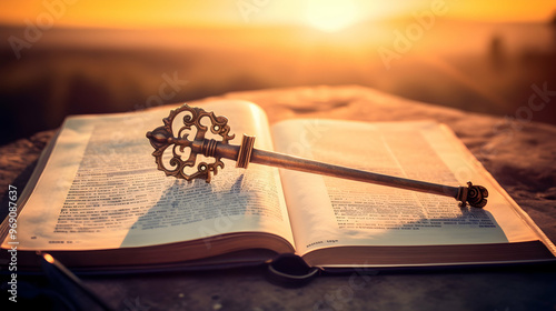 Antique key on an open book at dawn