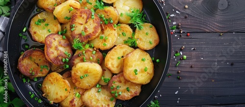 A traditional Swiss dish features a potato pancake cooked in a frying pan and garnished with green onions Nearby are whole unpeeled potatoes copyspace photo