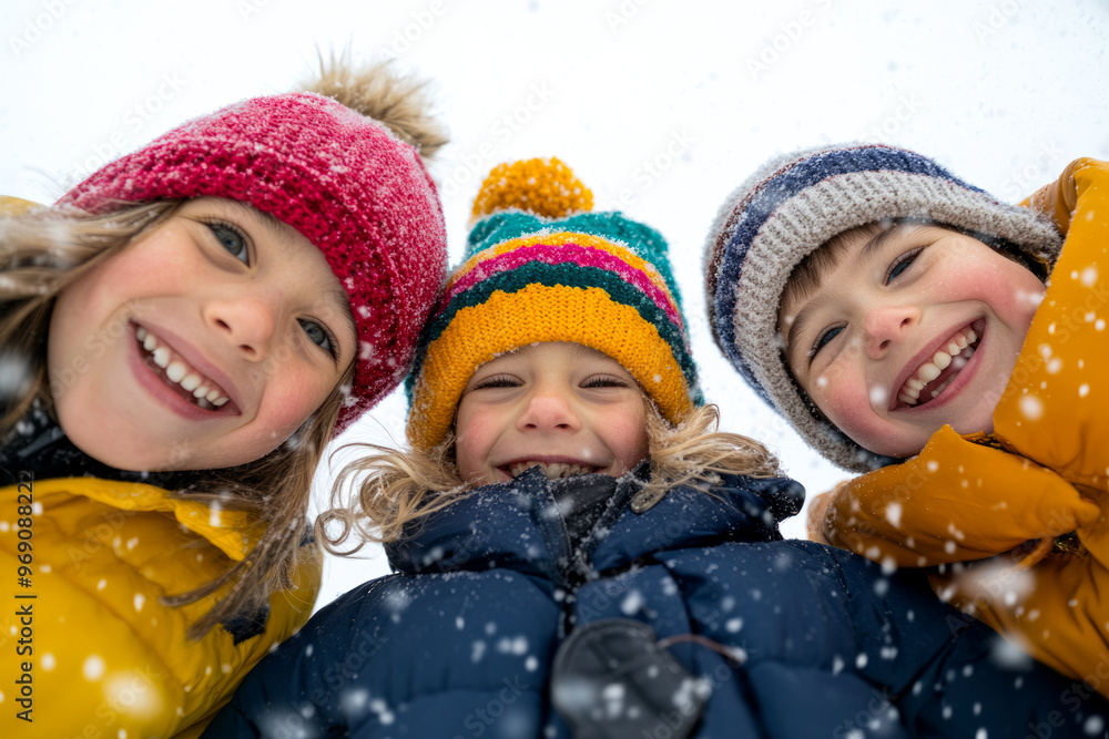 Smiling Children in Colorful Winter Hats Enjoying Snow Smiling Children in Colorful Winter Hats Enjoying Snow