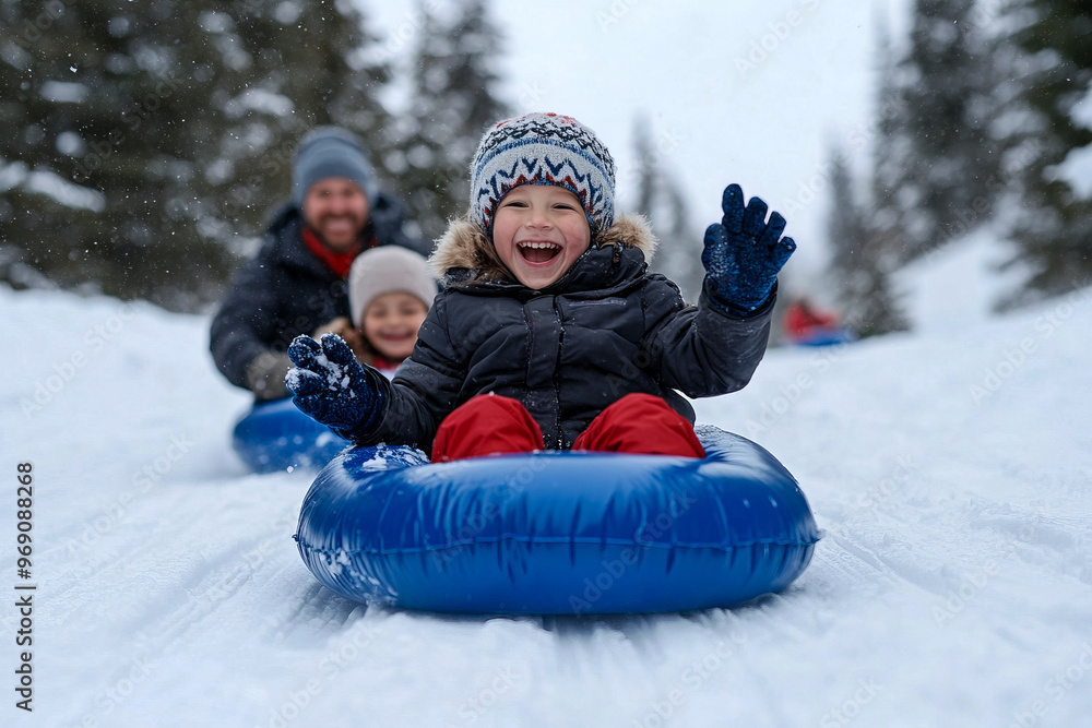 Excited Children Snow Tubing on a Winter Day Excited Children Snow Tubing on a Winter Day