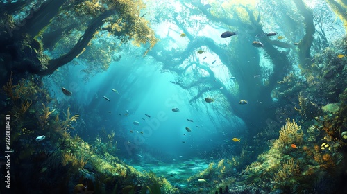 An enchanting underwater scene showcasing a vibrant ecosystem filled with diverse marine life and lush greenery.