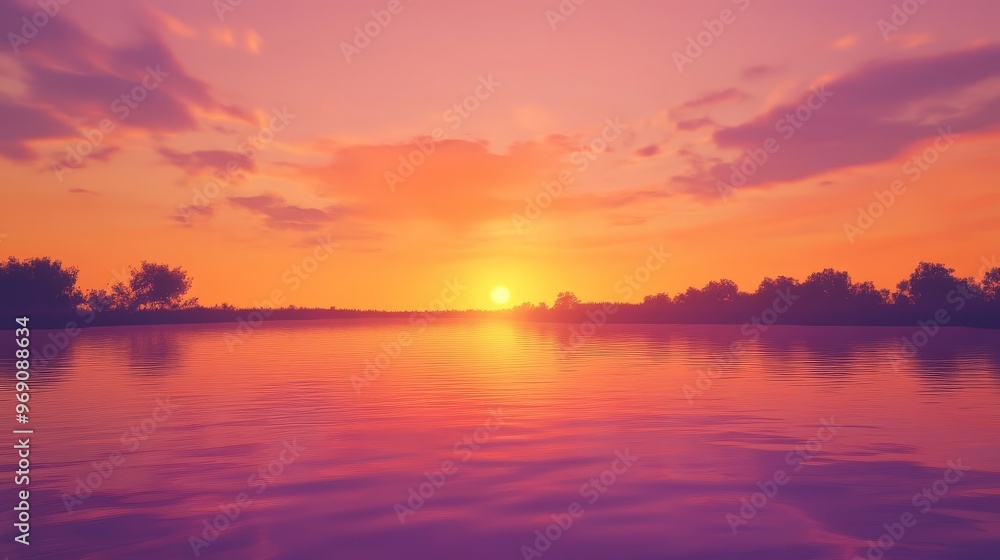 A tranquil summer evening scene with a stunning sunset over a calm lake. The sky is painted in warm hues of orange, pink, and purple, reflecting beautifully in the still waters. A tranquil summer evening scene with a stunning sunset over a calm lake. The sky is painted in warm hues of orange, pink, and purple, reflecting beautifully in the still waters.