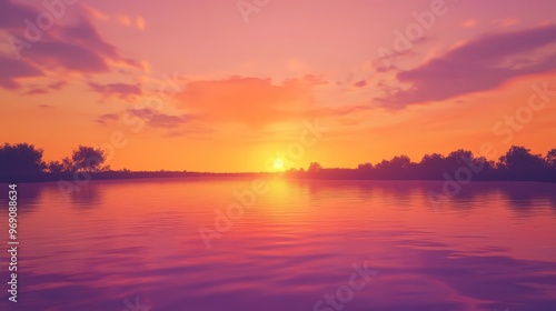 A tranquil summer evening scene with a stunning sunset over a calm lake. The sky is painted in warm hues of orange, pink, and purple, reflecting beautifully in the still waters.