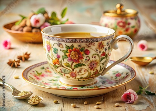 A dainty, hand-painted tea cup features intricately designed florals on a cream background, surrounded by tea infusions and ornate utensils in a delicate arrangement.