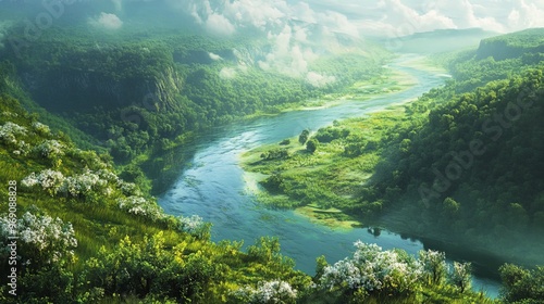 A tranquil view of a calm river meandering through a lush green valley.