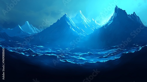 Wallpaper Mural Serene ocean view with majestic mountains, illuminated by captivating blue tones, creating a tranquil and mystical atmosphere. Torontodigital.ca