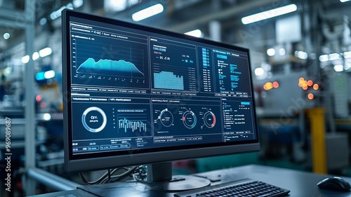 Modern computer screen displaying data analytics and performance metrics in a high-tech industrial environment.