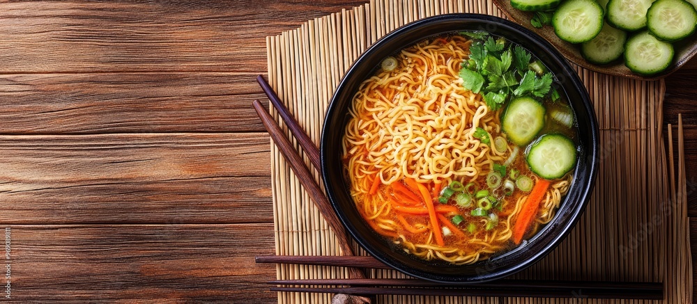 Asian noodle soup Ramen with vegetables in a bowl alongside wooden chopsticks on a bamboo mat from a top view with a bowl of sauce nearby Ingredients include carrots cucumbers tomatoes and noodles Asian noodle soup Ramen with vegetables in a bowl alongside wooden chopsticks on a bamboo mat from a top view with a bowl of sauce nearby Ingredients include carrots cucumbers tomatoes and noodles