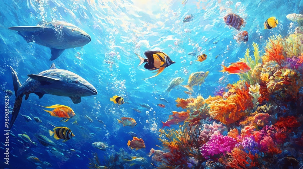 Fototapeta premium Vibrant underwater scene featuring coral, colorful fish, and majestic rays in a sunlit ocean environment.