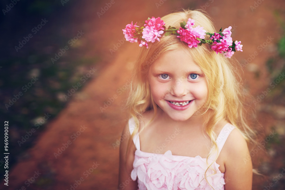 Excited, flower crown and portrait of child in nature for fantasy, imagination or play time in forest. Happy, sweet and cute girl kid from Germany with floral headband outdoor in woods for adventure. Excited, flower crown and portrait of child in nature for fantasy, imagination or play time in forest. Happy, sweet and cute girl kid from Germany with floral headband outdoor in woods for adventure.