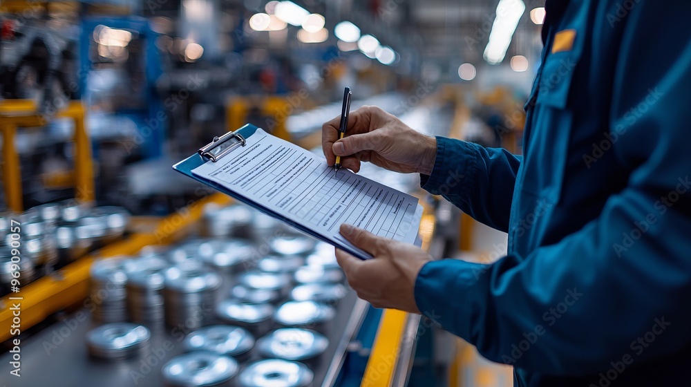 Fototapeta premium A worker examines a checklist in a factory, ensuring quality control and proper workflow management on the production line.
