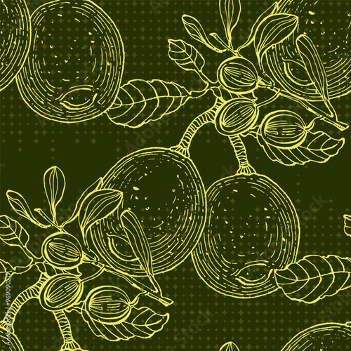 Seamless Pattern with Olives and lemons. Color sketch style hand drawn background. Detailed illustration, hand drawn. Great for fabric and textile, prints, invitation, packaging, or any desired idea.