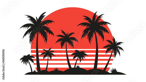 Vector illustration of a tropical sunset with palm trees silhouetted against a red sun. Ideal for beach-themed designs, vacation ads, or summer-related graphics