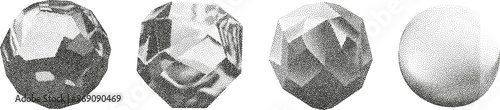 3D vector gradient geometric shapes with noise effect. Cube, cylinder, triangle, rhombus with grainy dot texture.