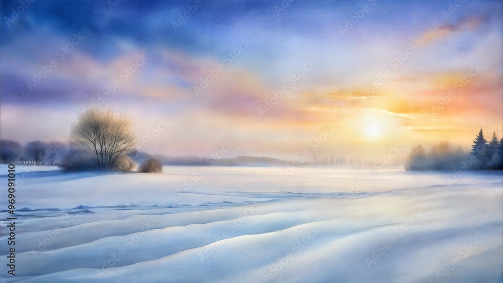 Serene winter landscape at sunset with snow-covered fields and trees, calming atmosphere Serene winter landscape at sunset with snow-covered fields and trees, calming atmosphere