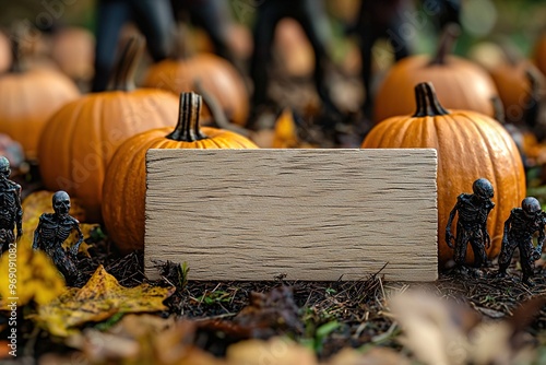 Halloween party with pumpkins, skeletons and skulls at cemetery. Happy halloween. Blank wooden board to add text. Ai generative photo