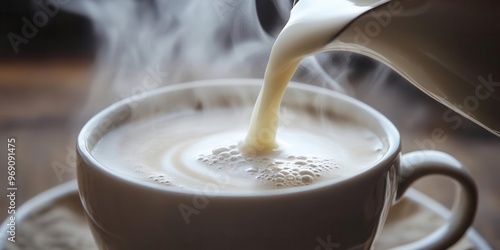 Dairy cream being poured into a cup of coffee, with steam rising, dairy cream, breakfast ritual photo