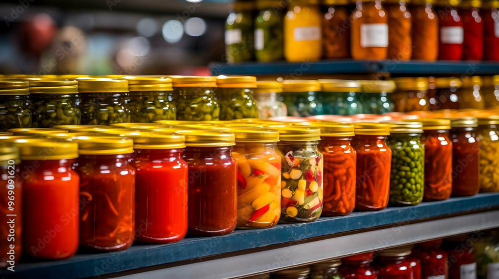Canned sauce jars in a vibrant market display, Canned sauce jars in a vibrant market display,