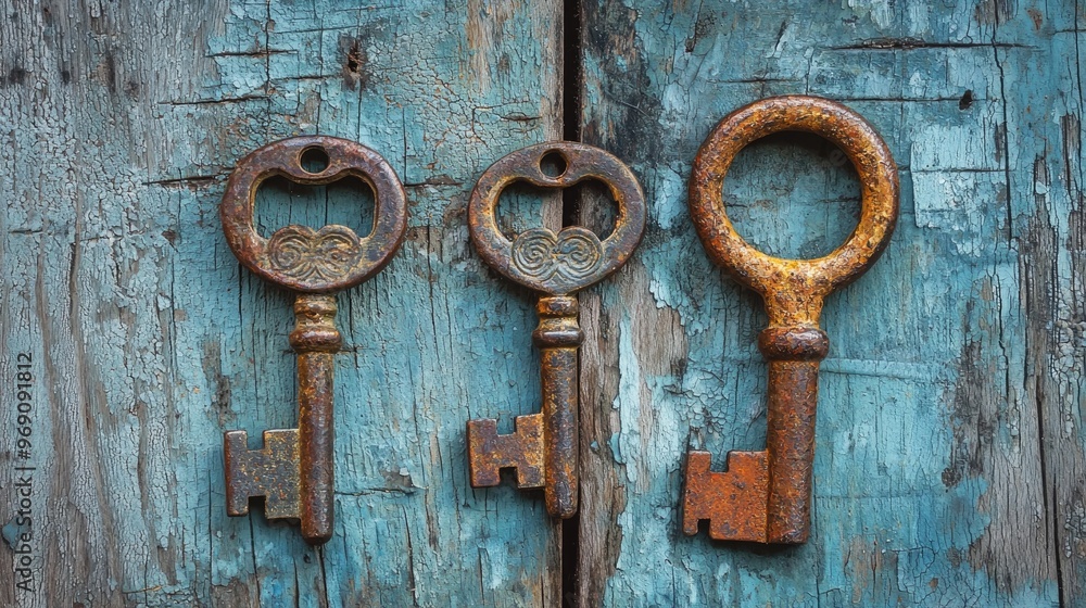 Rusted antique keys on weathered wood Rusted antique keys on weathered wood