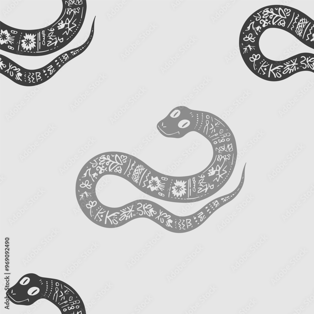 Seamless vector pattern decorated snake with Ukrainian embroidery, the animal symbol of 2025. Simple doodle style. Grid Seamless vector pattern decorated snake with Ukrainian embroidery, the animal symbol of 2025. Simple doodle style. Grid