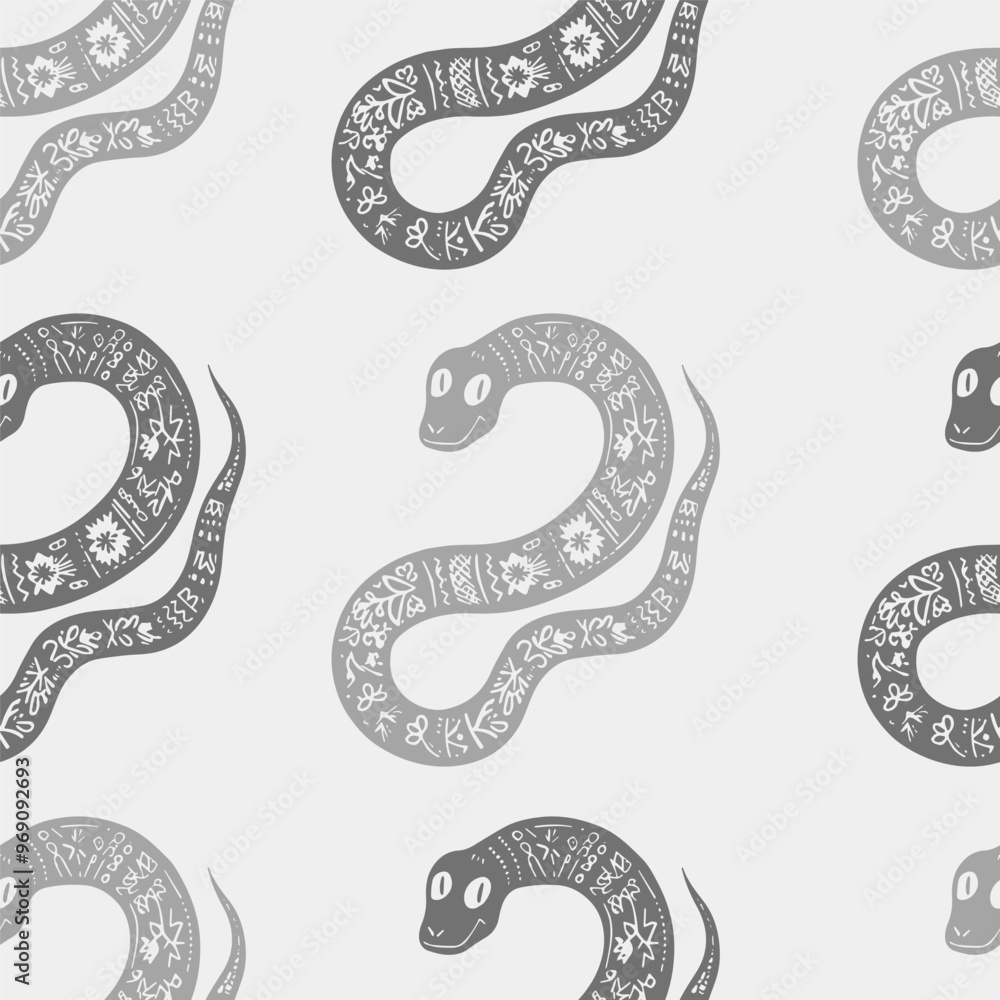 Fototapeta premium Seamless vector pattern decorated snake with Ukrainian embroidery, the animal symbol of 2025. Simple doodle style. Grid