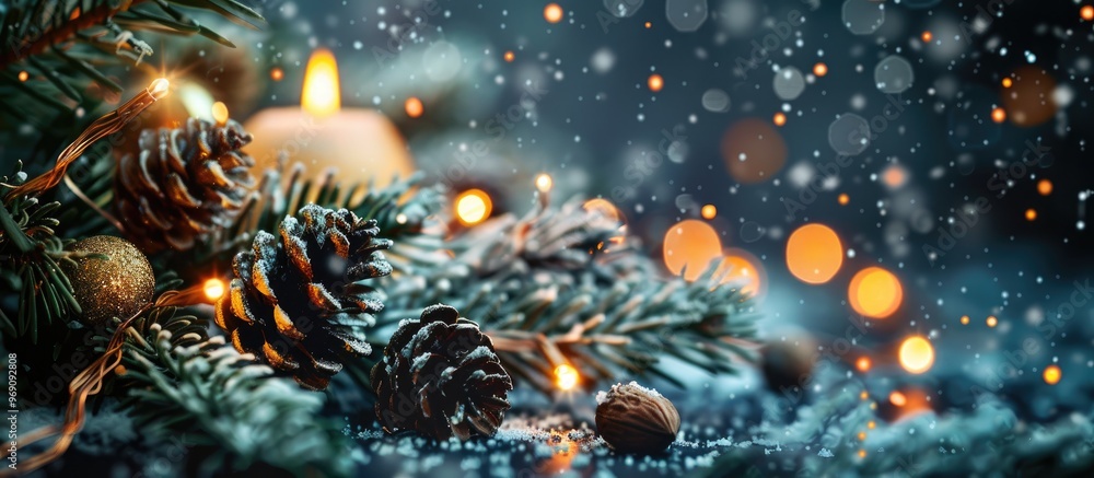 Pine branches a candle Christmas tree ornaments nuts and a pine cone in snow against a black background. with copy space image. Place for adding text or design Pine branches a candle Christmas tree ornaments nuts and a pine cone in snow against a black background. with copy space image. Place for adding text or design