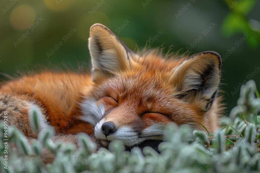 Fototapeta premium Close-Up of a Sleeping Fox in Lush Greenery with Soft Sunlight