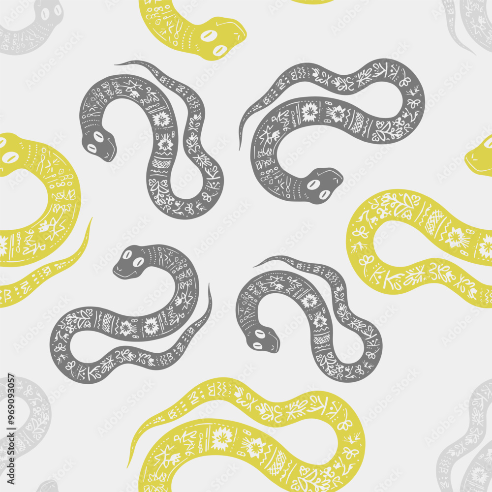 Fototapeta premium Seamless vector pattern decorated snake with Ukrainian embroidery, the animal symbol of 2025. Simple doodle style. Grid