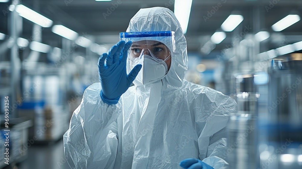 A scientist in a protective suit examines a test tube in a lab, highlighting safety and precision in scientific research. A scientist in a protective suit examines a test tube in a lab, highlighting safety and precision in scientific research.
