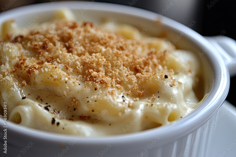 A close - up of creamy mac and cheese with crispy breadcrumbs topping, served in a white ceramic dish A close - up of creamy mac and cheese with crispy breadcrumbs topping, served in a white ceramic dish