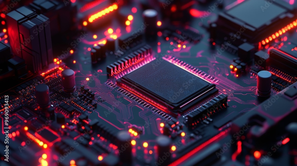 A detailed view of various computer hardware components, including CPUs, RAM modules, and motherboards, set against a sleek abstract technology background with glowing circuits and digital patterns A detailed view of various computer hardware components, including CPUs, RAM modules, and motherboards, set against a sleek abstract technology background with glowing circuits and digital patterns
