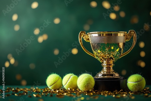 Gold champion cup and tennis balls on green background and gold confetti, sports banner with copy space. Winner's trophy on festive background. Tennis cup final. Gold award 3d First place photo