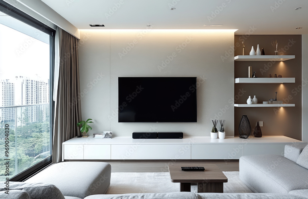 Modern minimalist-style living room. TV cabinet with soundbar and shelves on the right side of the wall, a white and gray color scheme, floor-to-ceiling windows. Created with Ai Modern minimalist-style living room. TV cabinet with soundbar and shelves on the right side of the wall, a white and gray color scheme, floor-to-ceiling windows. Created with Ai
