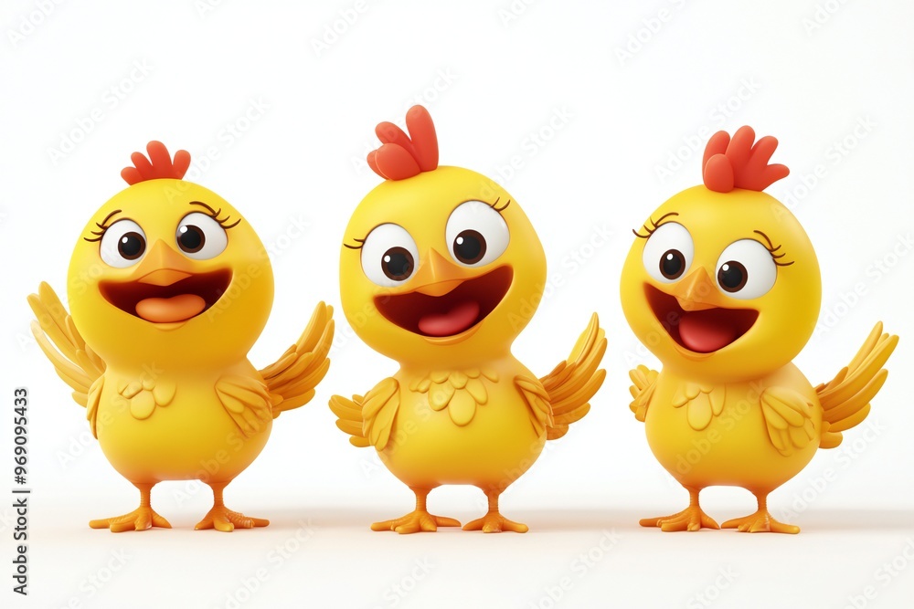 Set of 3D cute happy cartoon chicken, isolated on white background Set of 3D cute happy cartoon chicken, isolated on white background
