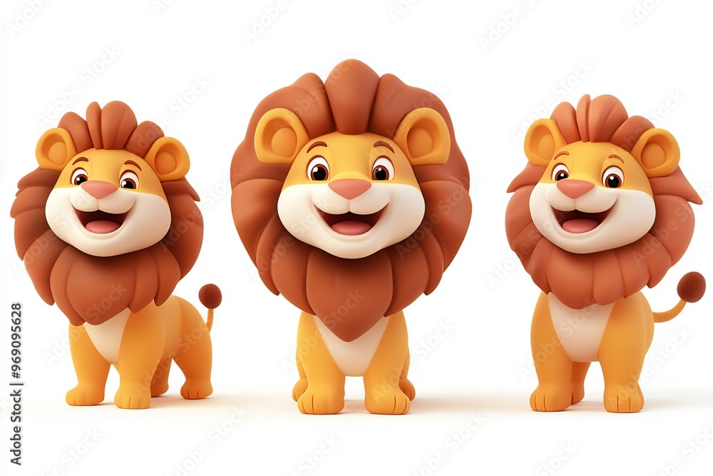 Fototapeta premium Set of 3D cute happy cartoon lion, isolated on white background