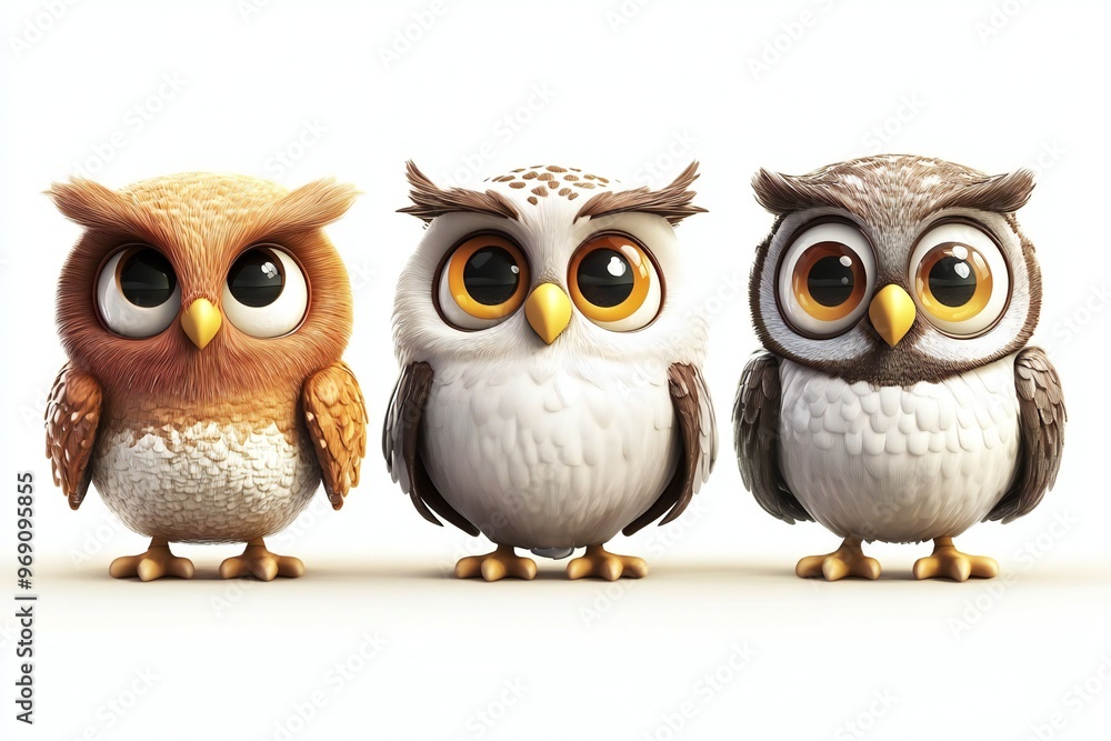 Fototapeta premium Set of 3D cute happy cartoon owl, isolated on white background