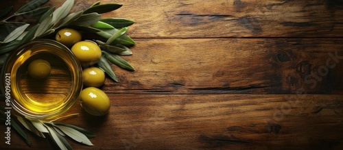 Olive oil and olives on a w...