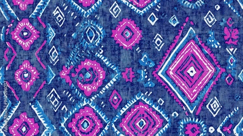 Blue Vintage Pattern Pink Geometric Design African Ikat Fabric Blue Writing Instrument Textile Blue Traditional Wall Writing Craft Background Fabric Line Design Texture Bohemian Print Design Easte photo