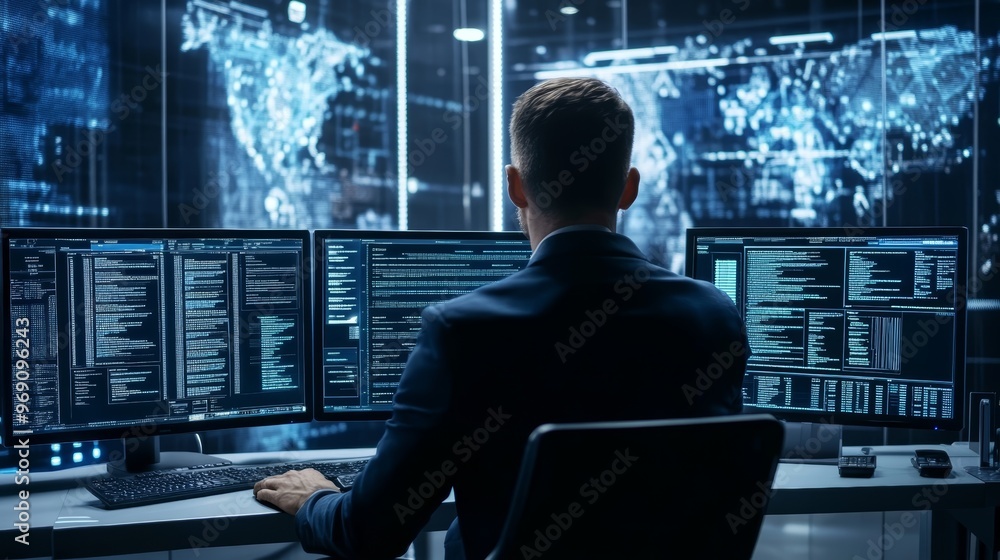 Hacker working on multiple computer screens with code and data Hacker working on multiple computer screens with code and data