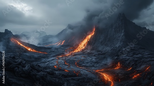 A dramatic volcanic landscape with rugged terrain, lava flows, and a dark, smoky sky, showcasing the raw power of nature.