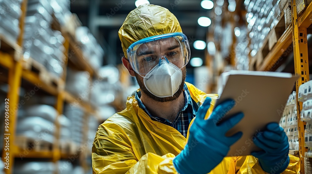 A worker in protective gear uses a tablet in a warehouse, ensuring safety and efficiency in inventory management. A worker in protective gear uses a tablet in a warehouse, ensuring safety and efficiency in inventory management.