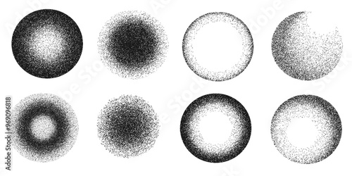 Halftone Gradient Round Circles Set. Elements with Noise Grains from Dark to Light isolated on transparent background