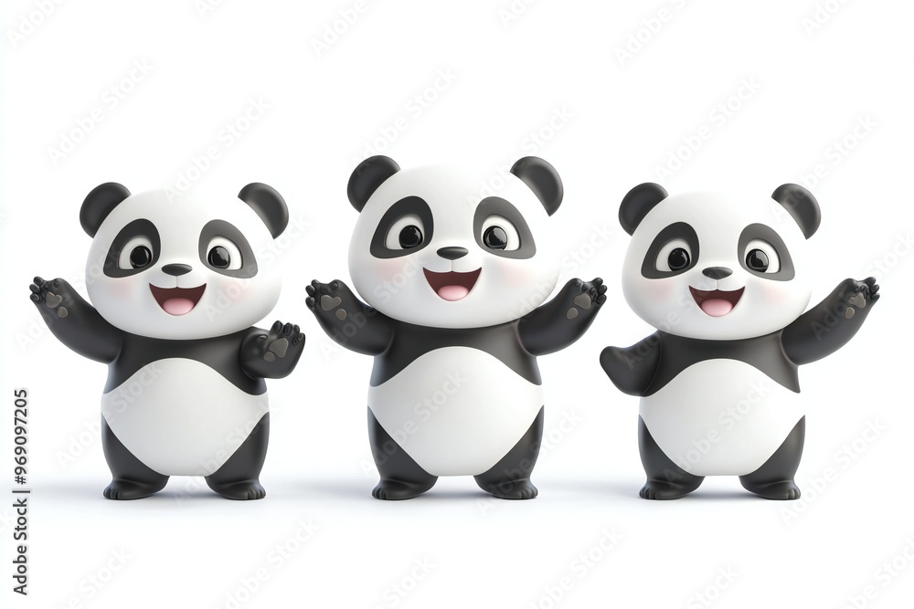 Set of 3D cute happy cartoon panda, isolated on white background Set of 3D cute happy cartoon panda, isolated on white background