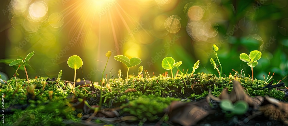 Obraz premium Young sprouts stretch towards the sun in a forest clearing Green spring backdrop Selective focus Area for text Natural green texture. with copy space image. Place for adding text or design