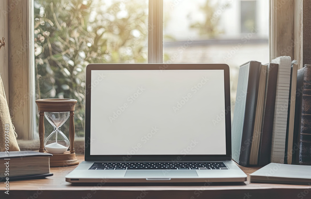 A close-up of an open laptop with a blank screen on a desk near a window, surrounded by books and decorations. Created with Ai A close-up of an open laptop with a blank screen on a desk near a window, surrounded by books and decorations. Created with Ai