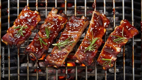 Close-up photo, top view of barbecue ribs with spices on a metal plate and beautiful decorations that look delicious. photo