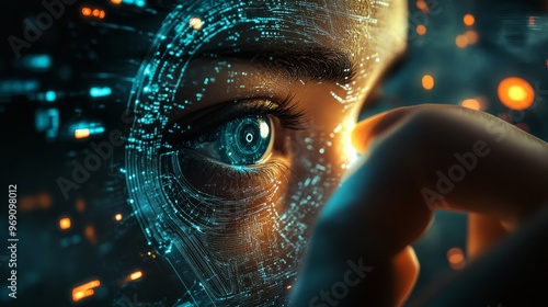 Futuristic cybernetic enhancements allowing humans to interface directly with machines: A person controlling devices telepathically via neural implants. photo