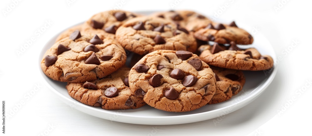 Chocolate chip cookies on a plate isolated against a white background. with copy space image. Place for adding text or design Chocolate chip cookies on a plate isolated against a white background. with copy space image. Place for adding text or design