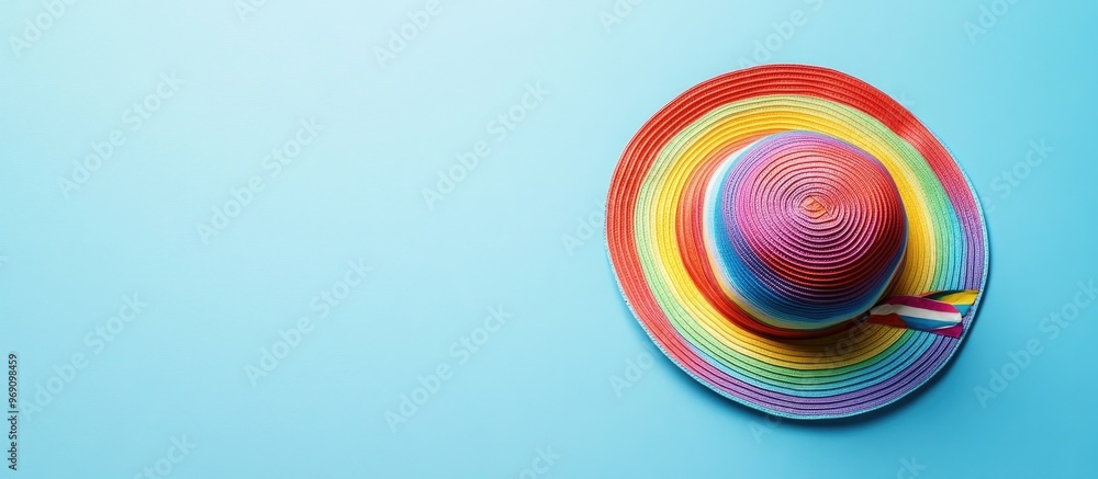 Obraz premium Summer backdrop A striped hat featuring all the colors of the rainbow set against a light blue background Top view close up horizontal Summer theme Copyspace